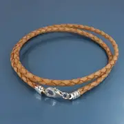 16" Sterling Silver 3mm Tan Braided Genuine Leather Cord Necklace, Lobster