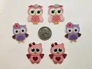 6 Pcs Lot Pink & Purple Owl Flatback Resin Cabochon Hair Bow Centers.
