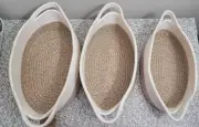 Set of 3 Cotton Rope Storage Baskets-Brown & White, Durable with Handles