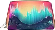 Cool Music Sound Wave Leather Hand-Held Zipper Makeup Bag Cute Make Up Case Large Wide-Open Pouch Pen Case, White, One Size