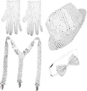 [Baluue] Sequin Fedora Hat with Glitter Bow Ties Gloves Stylish Bling Dance Accessory for Wedding Parties Nightclubs and Disco Events Elegant Western Style Headwear Silver