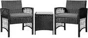 Gardeon 3pcs Wicker Patio Furniture, Bistro Set Table and Chairs Outdoor Lounge Setting Conversation Sets Dining Chair Garden Backyard, Cushion with Coffee Table Glass Tabletop Variegated Rattan Black
