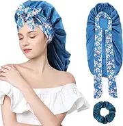 Long Satin Bonnet for Sleeping, Print Silk Bonnets for Long Hair Jumbo Silky Bonnets with Scrunchies Women Sleeping Cap for Braids Thick Curly Hair(Blue)