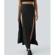 NWT Halara Women's Double Buckle Front Split Maxi Skirt Skort Black L Boho