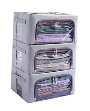 3Pack Frame Storage Box - Clothes Storage Bin Bags Oxford Fabric Small-22L Grey