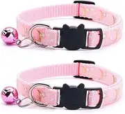 Reflective Cat Collars Breakaway with Bell 2-Pack Girl Boy Pet Kitten Collar with Star Moon Patetrn Adjustable 7.5-12.5 Inch (Pink)