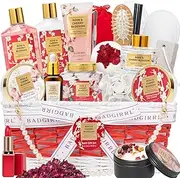 22Pcs Bath and Body Basket Set for Mothers Day - Luxury Rose Cherry Blossom Spa Gift Basket for Women with Necklace, Bath Bomb & More | Birthday, Valentine's, Christmas Gifts All Occasion
