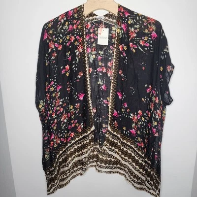 Breezy Lane Women's OS Black Floral Open Front Kimono Cardigan Boho Swim Cover