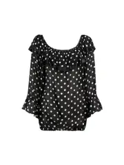 Black Sheer Silk Polka Dot Ruffle Blouse