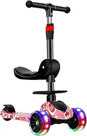 Children's Three-Wheeled Scooter PU Wheeled Scooter with LED Lights, Adjustable Handlebar Height, Suitable for Children Over 2 Years Old(Doodle Candy Off-Road Flashing Wheel + seat)