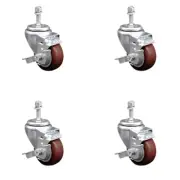 3.5 Inch SS Maroon Polyurethane Swivel 3/8 Inch Threaded Stem Caster Set Brake