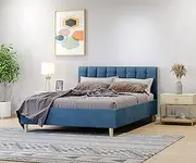 Bed Frame Upholstered Velvet Cushioned Headboard Mattress (Ocean Blue, Double)