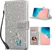[UEEBAI] Wallet Case for Samsung Galaxy S10 Plus, Premium Glitter PU Leather Phone Case Card Slots Kickstand Case Magnetic Closure Bling Handbag Case Shockproof Hand Strap Flip Cover - Silver