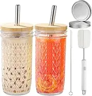 CJWLKJ Boba Cup, Reusable Bubble Tea Cup, Glass Cups Set, 2 PCS Mason Jar Cups with Bamboo Lids and Straws & 2 Airtight Lids, 24 Oz Diamond Texture Wide Mouth Iced Coffee Glass Tumblers, Smoothie Cups