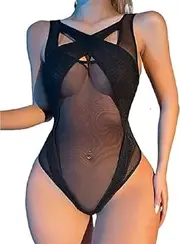 [Generic] Women's Sexy Mesh Sheer Sleeveless Bodysuit Crisscross Leotard Top