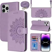 [Cavor] Crossbody Wallet for iPhone 14 Pro Max 6.7'' PU Leather Case Magnetic 3D Embossed Flower Women Flip Kickstand with Card Holder Shoulder Lanyard Protective Cover-Long Strap Flower Purple