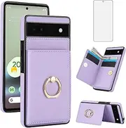 [Asuwish] Phone Case for Google Pixel 6A 5G 2022 Cover with Tempered Glass Screen Protector and RFID Card Holder Slot Kickstand Ring Cell Accessories Wallet Flip Mobile Pixel6A A6 Women Men Purple
