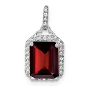 14k White Gold Emerald-cut Garnet and Real Diamond Halo Pendant