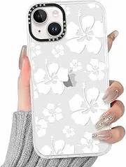 RUMDEY Clear Hibiscus Flower Case for iPhone 13 Mini 5.4", Cute Preppy Floral Crystal Pattern Aesthetic Design Soft Slim Anti-Yellow Protective Shockproof TPU Phone Cover for Women Girls - White