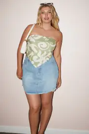 Green Abstract Scarf Top Strapless Crop Linen Blend