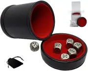 (6) Zinc Alloy Dice Antique Tin + PU Leather Red Felt Lined Cup Lid Tray Boxed