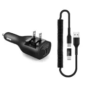 For iPhone 15/Pro/Max/Plus - Coiled USB Cable 2-in-1 Car Home Charger Micro-USB