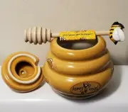 Honey Pot and Dipper Mini Yellow Ceramic Beehive Wooden Honey Jar Gift w/ Lid