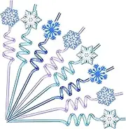 24 Pack Reusable Frozen Straws for Party Favors, Crazy Snowflake Plastic Drinking Straw for Birthday Party Decorations Supplies with 2 Cleaning Brushes (Blue)