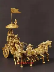 9" Brass Chariot - Krishna Drives Arjuna's Chariot | Handmade