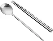 Travel Utensils 2pcs Stainless Steel Food Chopsticks Spoon Set Long Handle Flat Chopsticks Spoons Dinnerware Set(Silver Set)