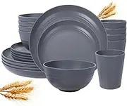 LIYH 16 Pcs Grey Wheat Straw Dinnerware Sets Unbreakable Dinnerware Sets for 4 Plates and Bowls Set Plastic Plates Reusable Straw Tableware Dish Set for 4 Include Plate Bowl Cup