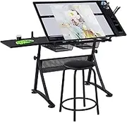 Yaheetech Drawing Table, Art Craft Desk with Adjustable Tabletop, Painters/Artist Work Station, Study Table with Stool, Tempered Glass Top