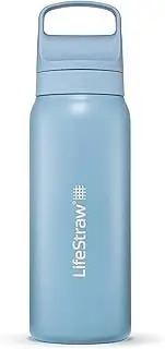 LifeStraw Go Series — Insulated Stainless Steel Water Filter Bottle for Travel and Everyday Use Removes Bacteria, Parasites and Microplastics, Improves Taste, 24oz Icelandic Blue