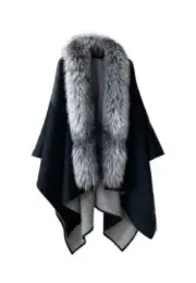 Women's New Black Gray Cashmere Wool Wrap Cape Silver Fox Fur BLACK FRIDAY SALE