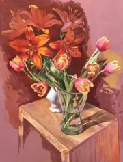 Original art drawing. Lilies and tulips in a vase on the table. Realism, pastel