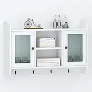 Floating Shelf for Wall, White Wall Cabinet, Display Shelf with 2 Doors and 4 Hooks, Wall Mounted Shelf for Living Room, Bedroom, Home Decor, 68 x 17 x 44 cm, MDF