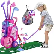 HYES Toddler Golf Set, Upgraded Kids Golf Clubs with 12 Balls, Putting Mat, Shoulder Strap, Indoor Outdoor Sport Toys Gift for Boys Girls Aged 1-5 Years Old, Pink