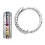 Sterling Silver Prizma Rhodium-Plated Channel Set Colorful And White Cz Hinged Hoop Earrings