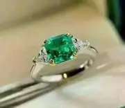 3Ct Asscher Lab Created Emerald Three-Stone 14K White Gold FN Gift Ring