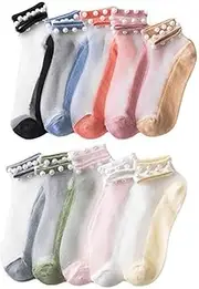 [FZBNSRKO] 10 Pairs Sheer Lace Ankle Socks,Transparent Mesh Low Cut Socks,Girls Pearls Lace Socks Thin Cotton Mesh Socks Floral Patterned Fishnet Short Sock(Mixed Color), Multicolor