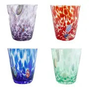 Set of 4 Four Murano Glass Tumblers Blue Green Purple Red Millefiori 11cm