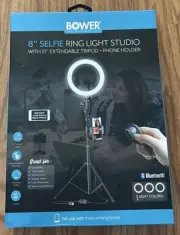 8" Bluetooth Ring Studio Light w/ Tripod, Phone Holder, Remote, 3 Colors, 9 Lvls