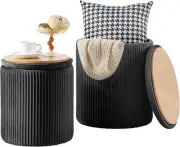 Set of 2 Ottoman Velvet Foot Stool with Storage round Upholstered Sponge Vanity