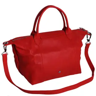 LONGCHAMP LE PLIAGE CUIR 小羊皮短提柄斜揹水餃包(小/紅)