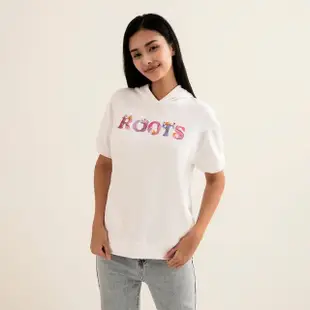 【Roots】Roots女裝-繽紛花卉系列 刺繡花卉文字連帽上衣(白色)