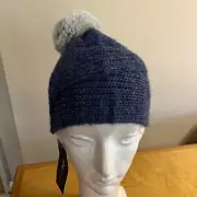 NWT echo Wool Blend hat Beanie Blue Fur Pompom #50