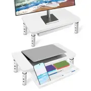 Monitor Stand with Storage Drawer, 2 Pcs Wood Riser with Metal Bracket for De...