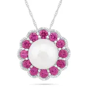 Cultured Freshwater Pearl and Lab-Created Pink Sapphire Frame Antique Vintage-Style Flower Pendant in Sterling Silver