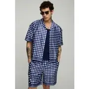 Mens Navy Oversized Boxy Short Sleeve Check Satin Shirt & Short Set
