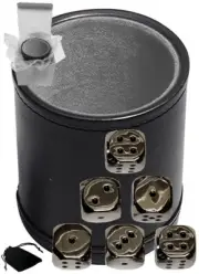 (6) Zinc Alloy Nickel Finish Dice w/Pouch + Black PU Leather Grey Felt Lined Cup